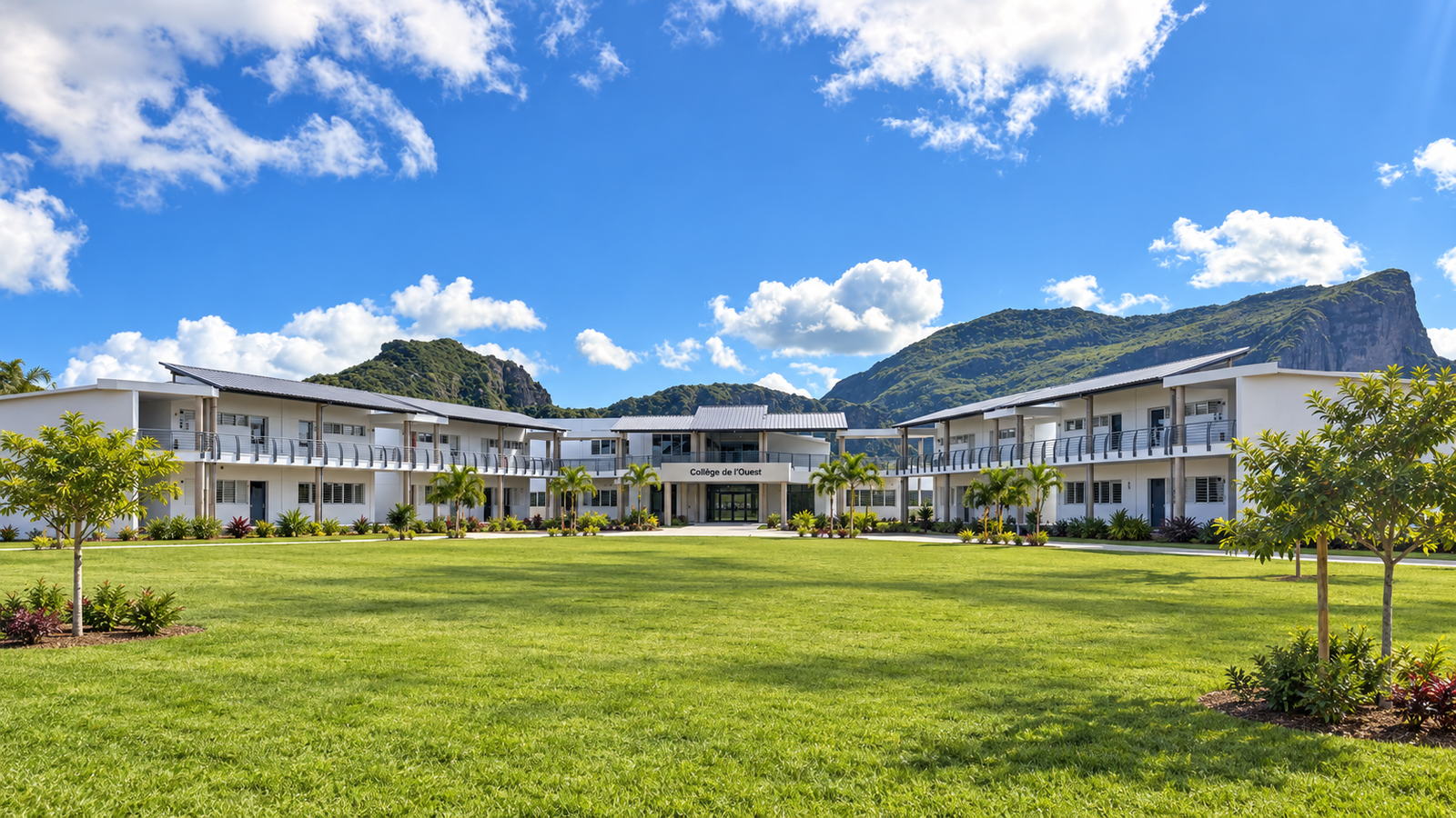 Le Collège de l'Ouest vu depuis la pelouse centrale, les montagnes de l'Ouest en arrière-plan