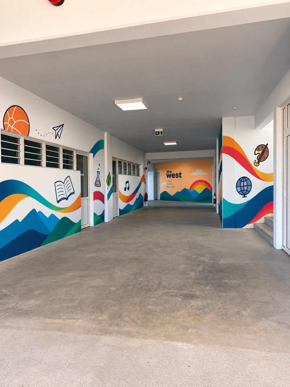 Couloir du collège et sa fresque « the West — Learn, Belong, Become »