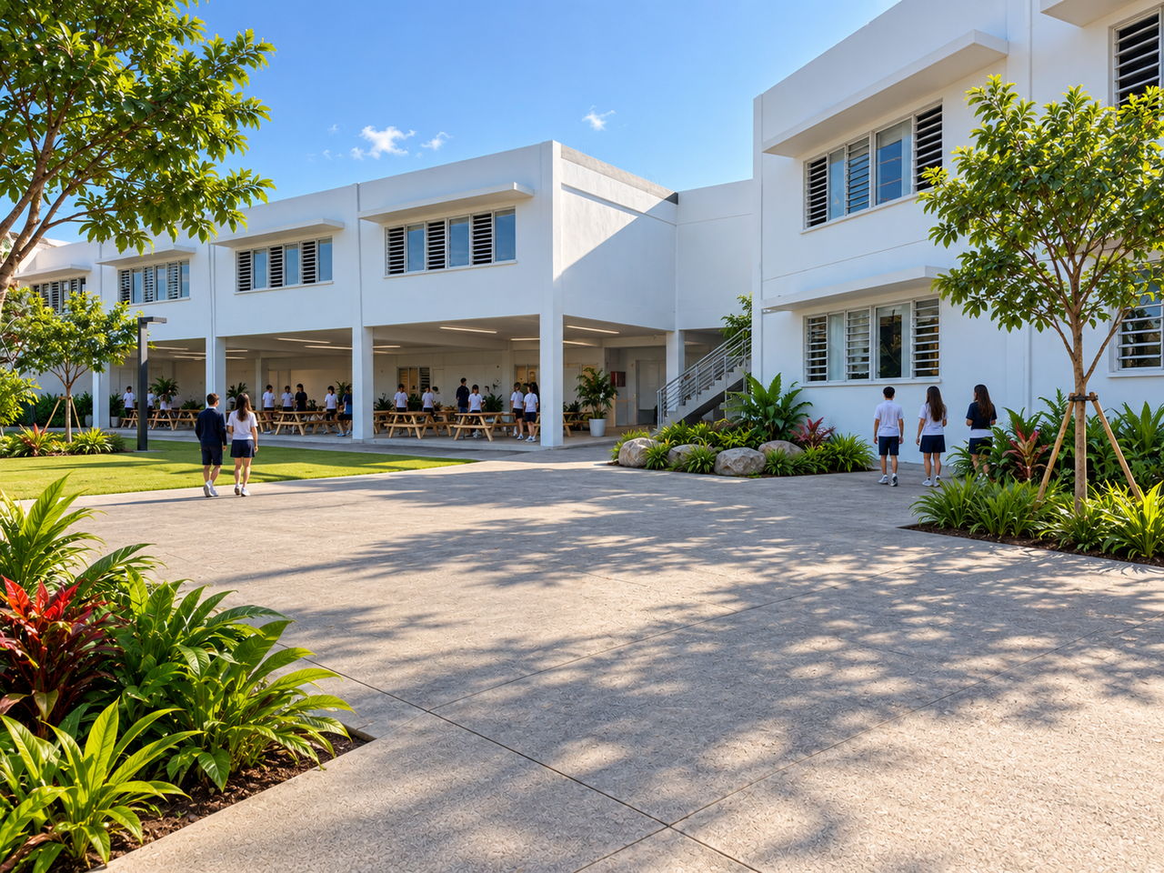 Le parvis du collège et les tables du préau, un jour de classe