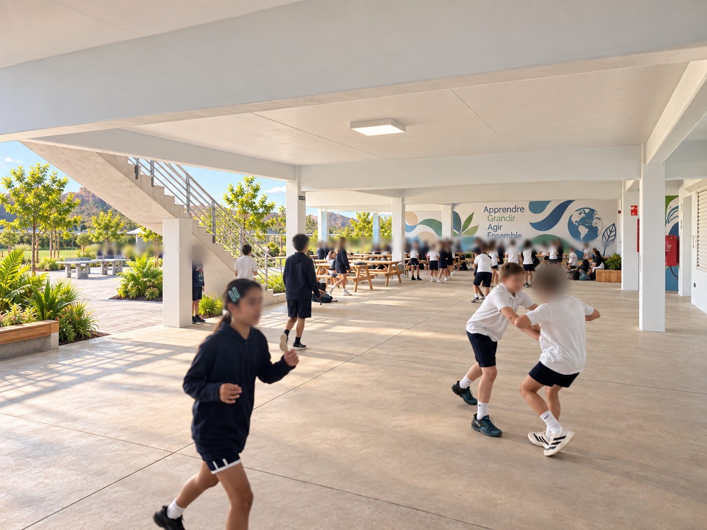 Élèves du collège dans le préau, devant la fresque « Apprendre, Grandir, Agir, Ensemble »