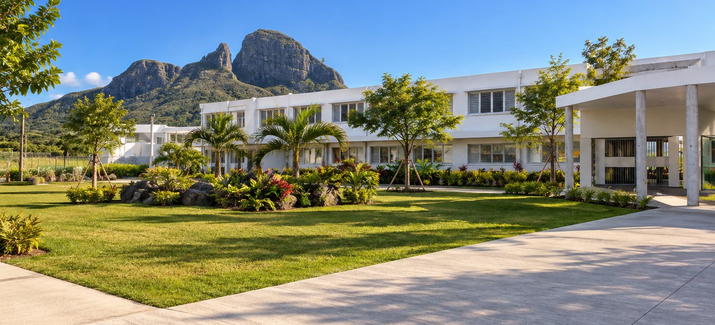 Le bâtiment principal du Collège de l'Ouest, adossé aux montagnes de la région Ouest