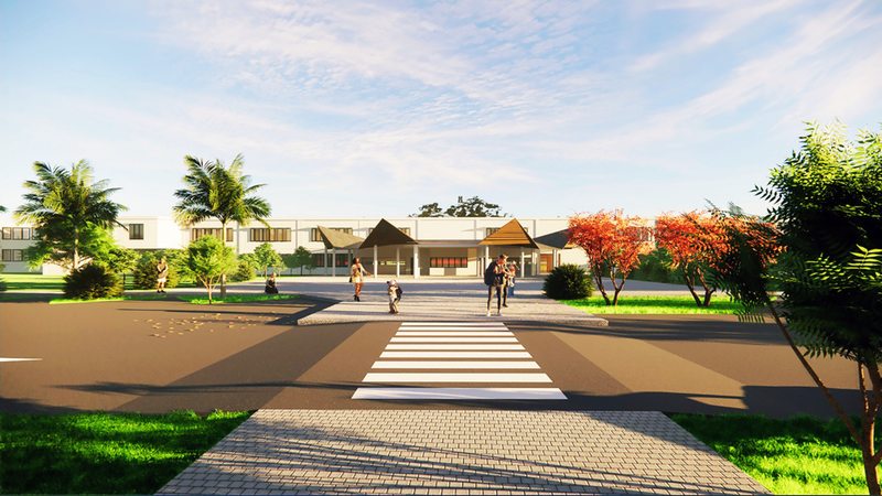 Entrée piétonne du campus — rendu architectural 2026